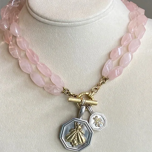 Designer SLANE ~ 18K Yellow Gold ~ Rose Quartz & Diamond Necklace Double Strand - Picture 10 of 16
